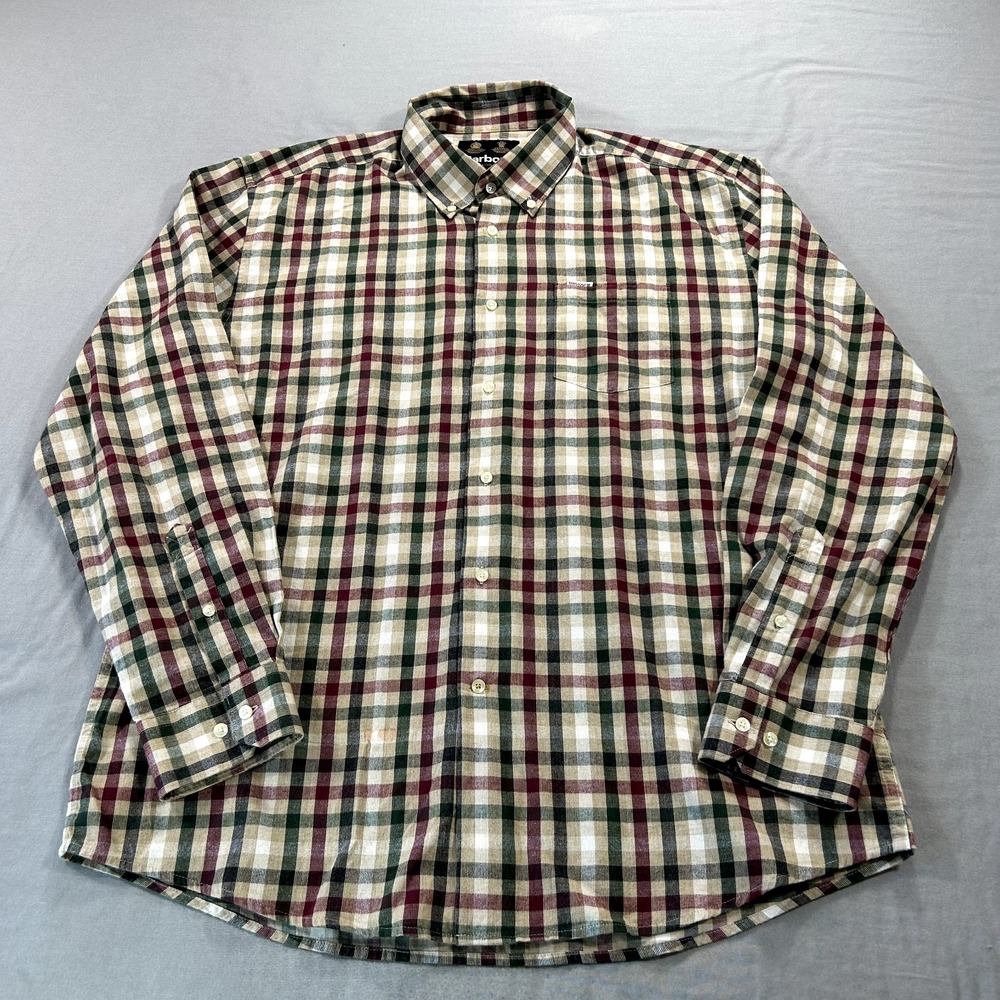 Barbour Shirt Mens XL Beige Plaid Flannel Regular Fit Button Up Casual Adult